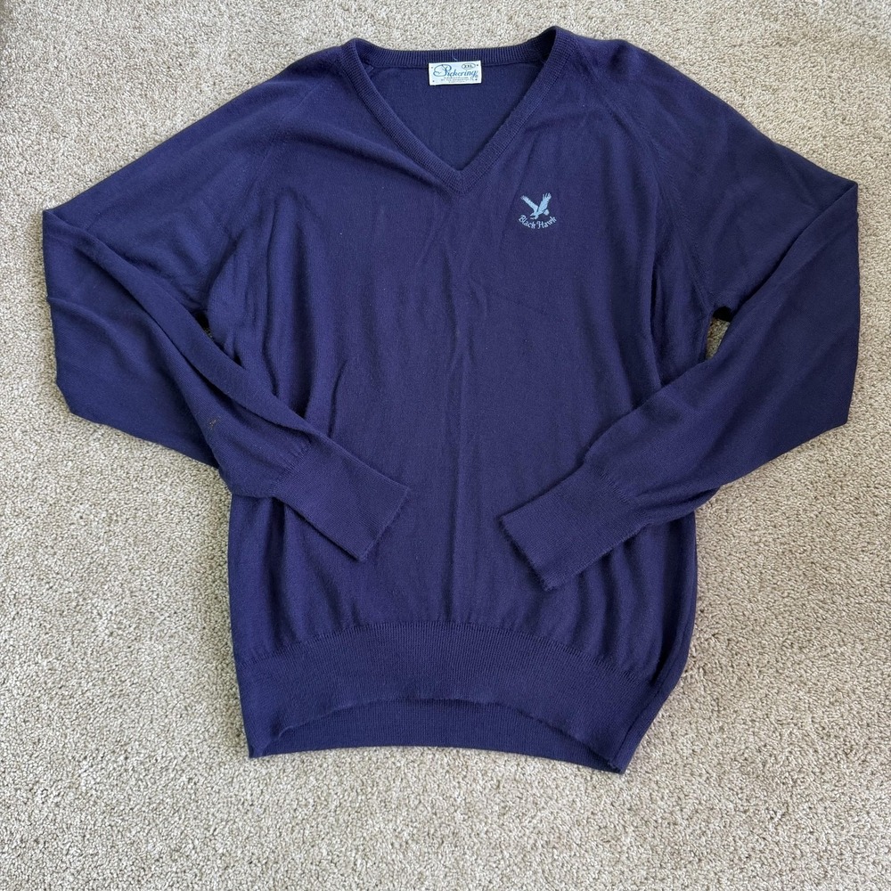 Vintage Pickering Sweater Mens 2XL Blue Tight Knit V Neck Pullover Black Hawk